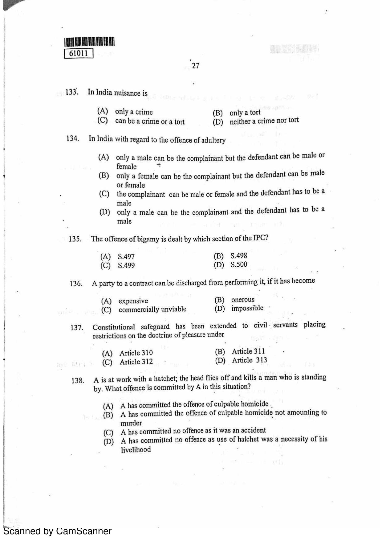 CUSAT CAT 2011 LLM Question Paper - Page 28