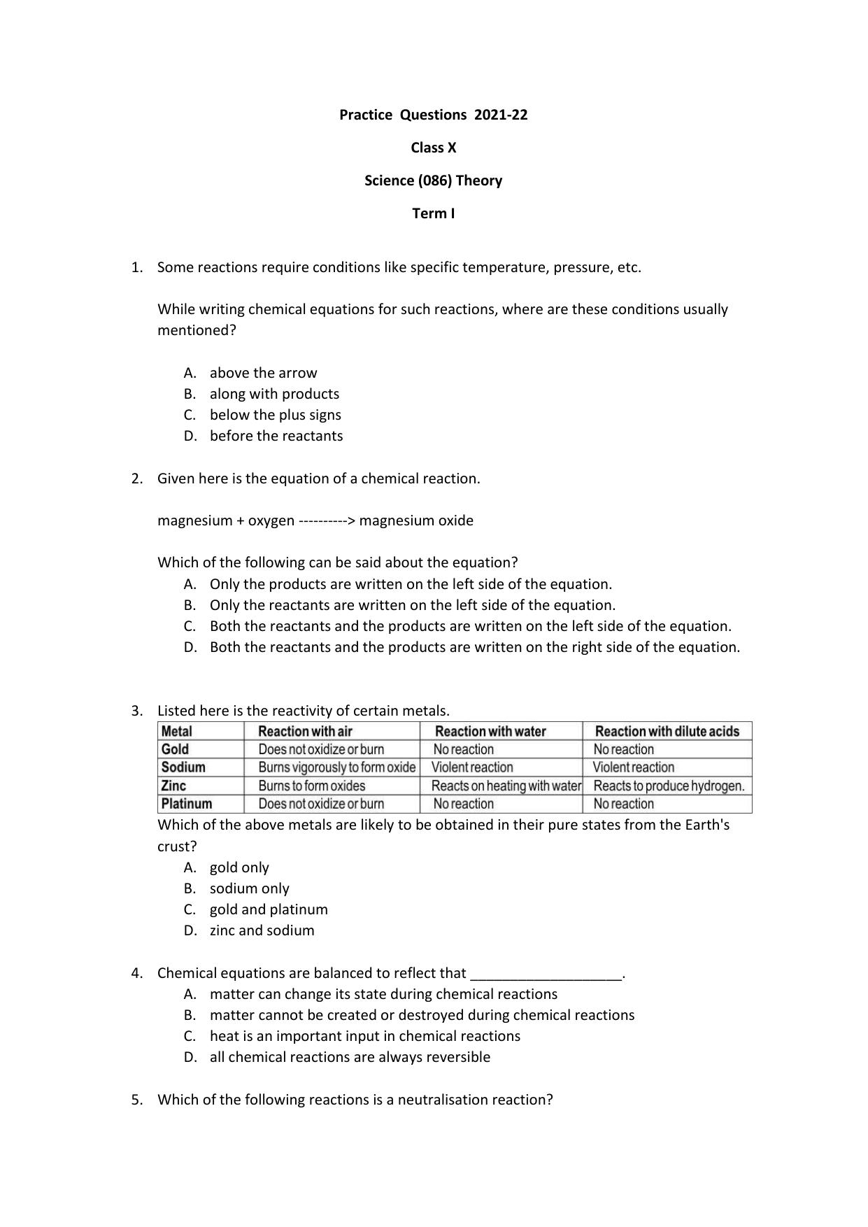 CBSE Class 10 Science Practice Questions 2021-22 - Page 1