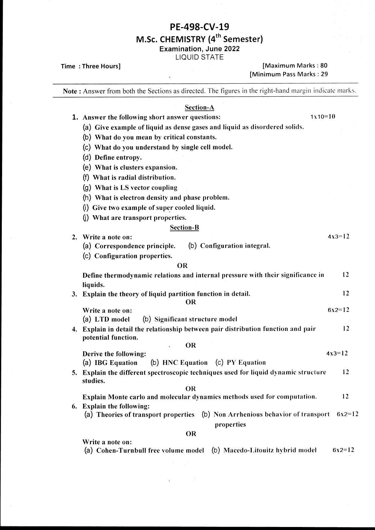 Bilaspur University Question Paper June 2022:M.Sc. Chemistry (Fourth Semester) Liquid States Paper 1 - Page 1