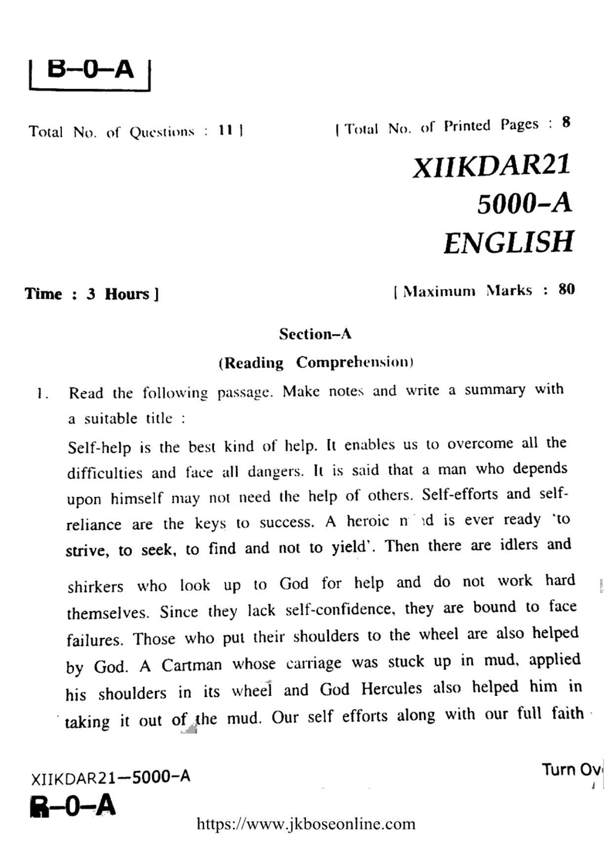 JKBOSE Class 12 English 5000-A Question Papers 2021 - Page 1