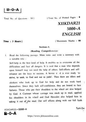 JKBOSE Class 12 English 5000-A Question Papers 2021