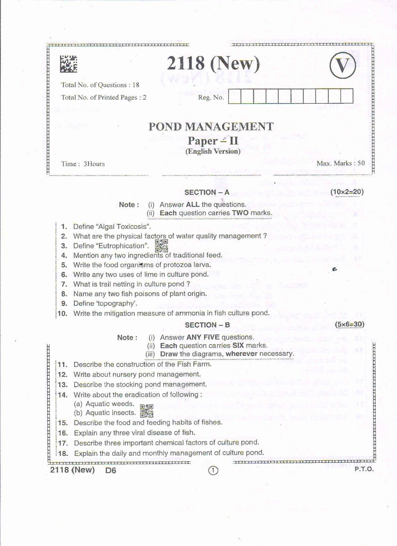 AP Intermediate 2nd Year Vocational Question Paper September-2021 - Pond_Management(NEW)-II - Page 1