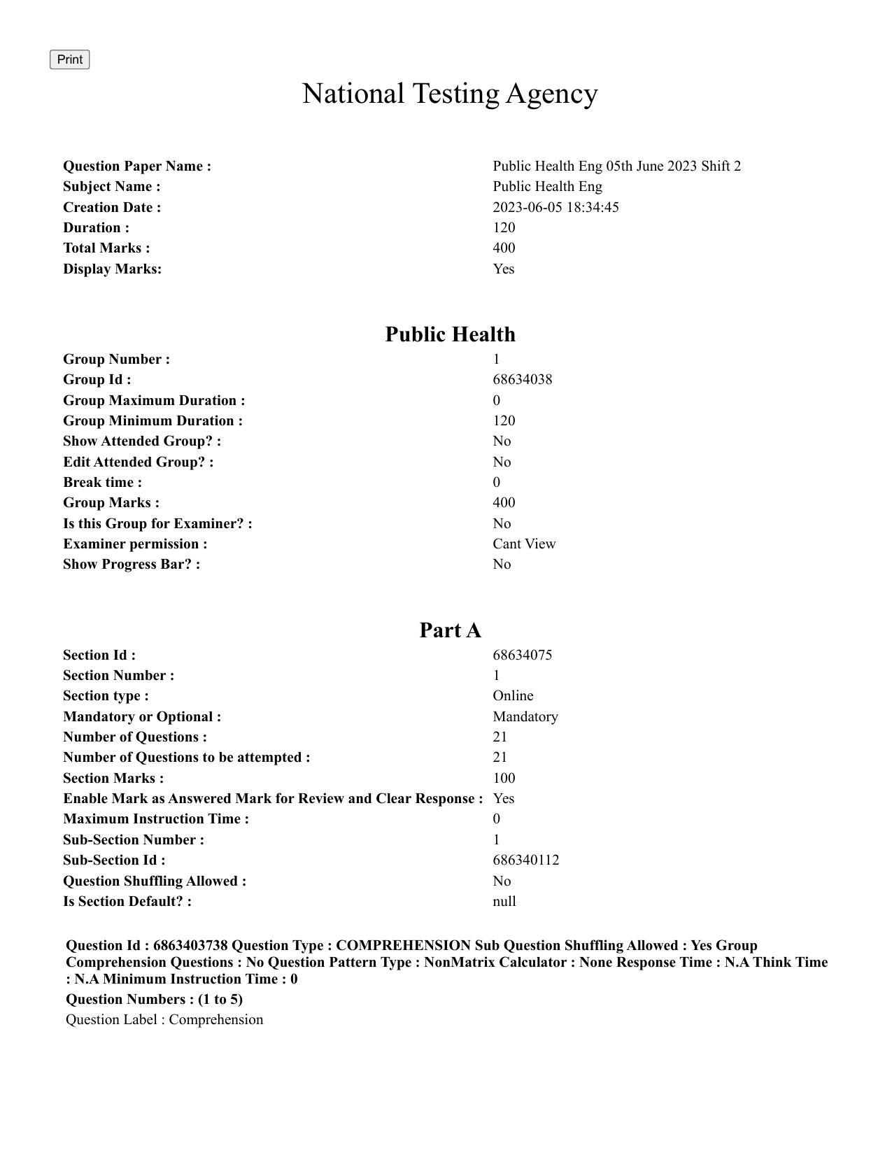 CUET PG 2023: Public Health Eng. Shift 2 (05-06-2023) Question Paper - Page 1