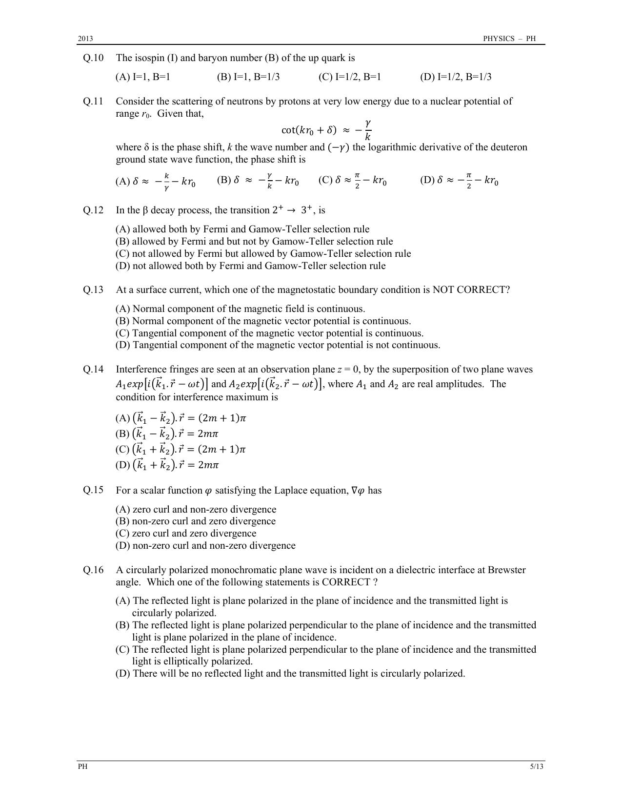 GATE 2013 Physics (PH) Question Paper with Answer Key - Page 5