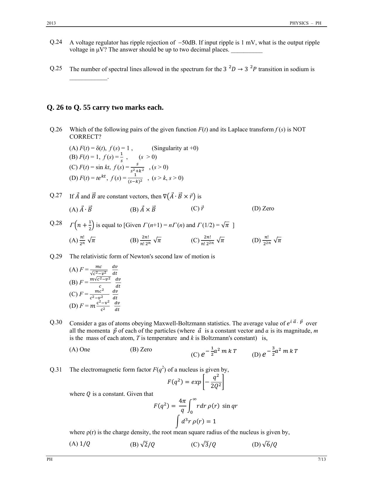 GATE 2013 Physics (PH) Question Paper with Answer Key - Page 7