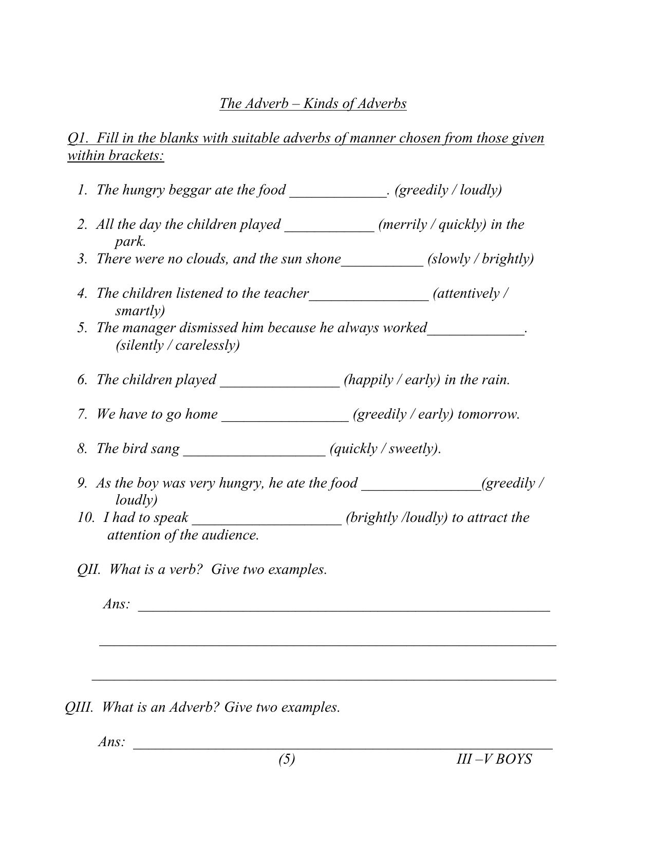 Worksheet for Class 4 English Assignment 134 Kinds of Adverbs - Page 1