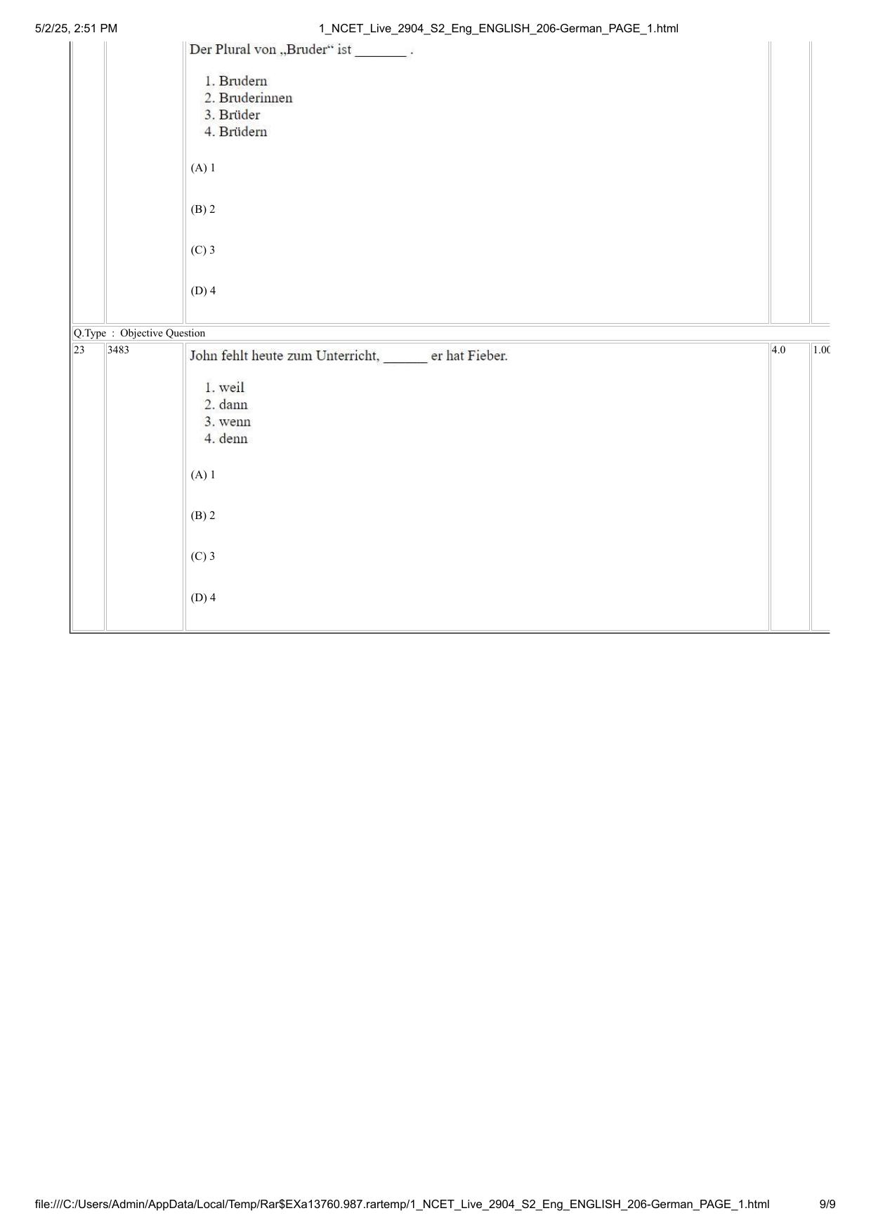 NCET 2025 Question Paper - German - Page 9