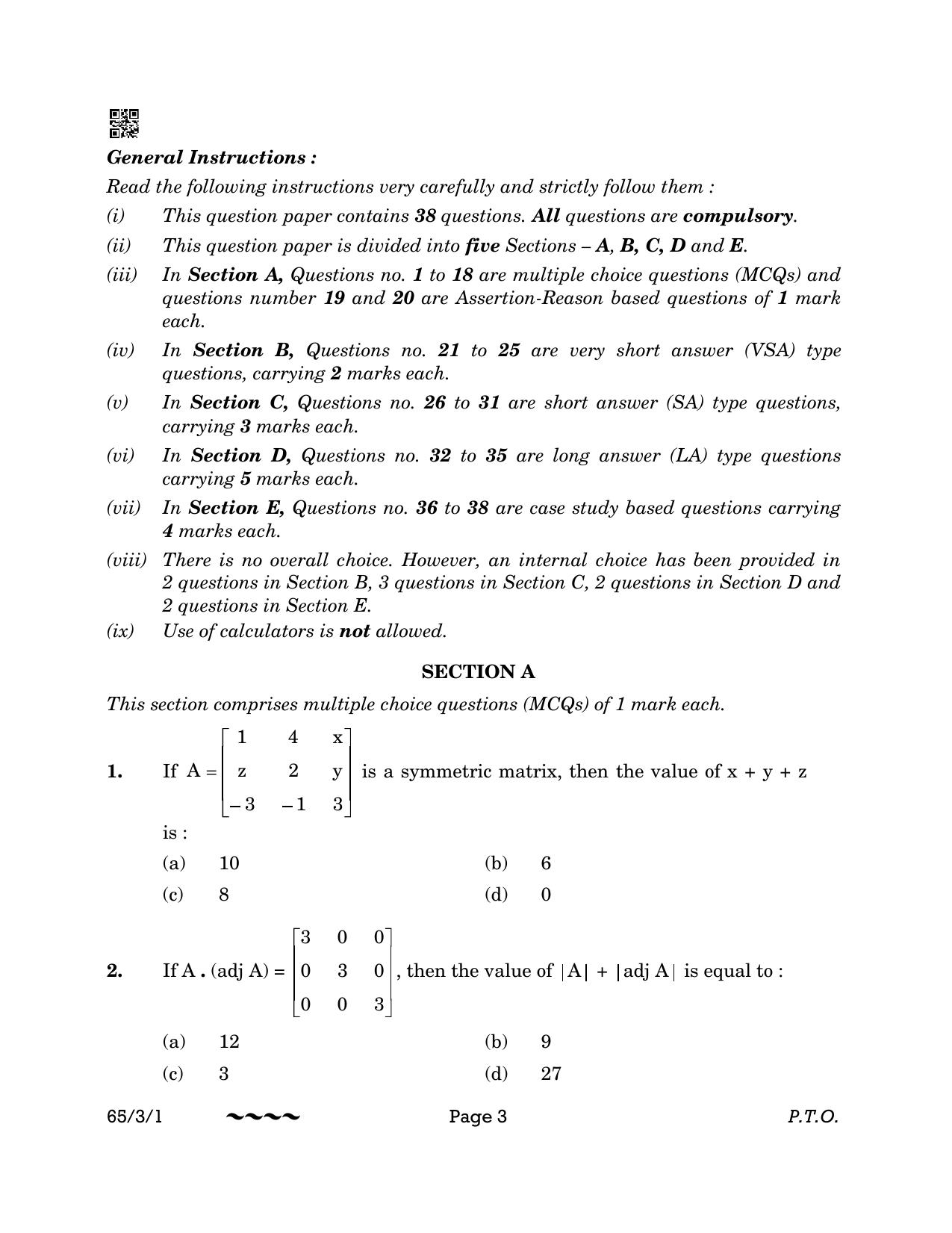 CBSE Class 12 65-3-1 MATHEMATICS 2023 Question Paper - Page 3