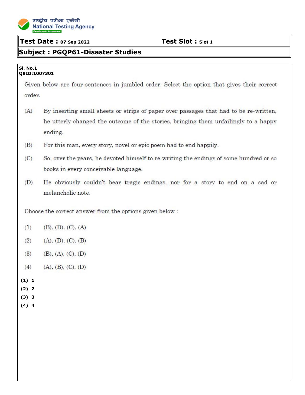CUET (PG) 2022: PGQP-61 Disaster Studies (07-09-2022) Question Paper - Page 1