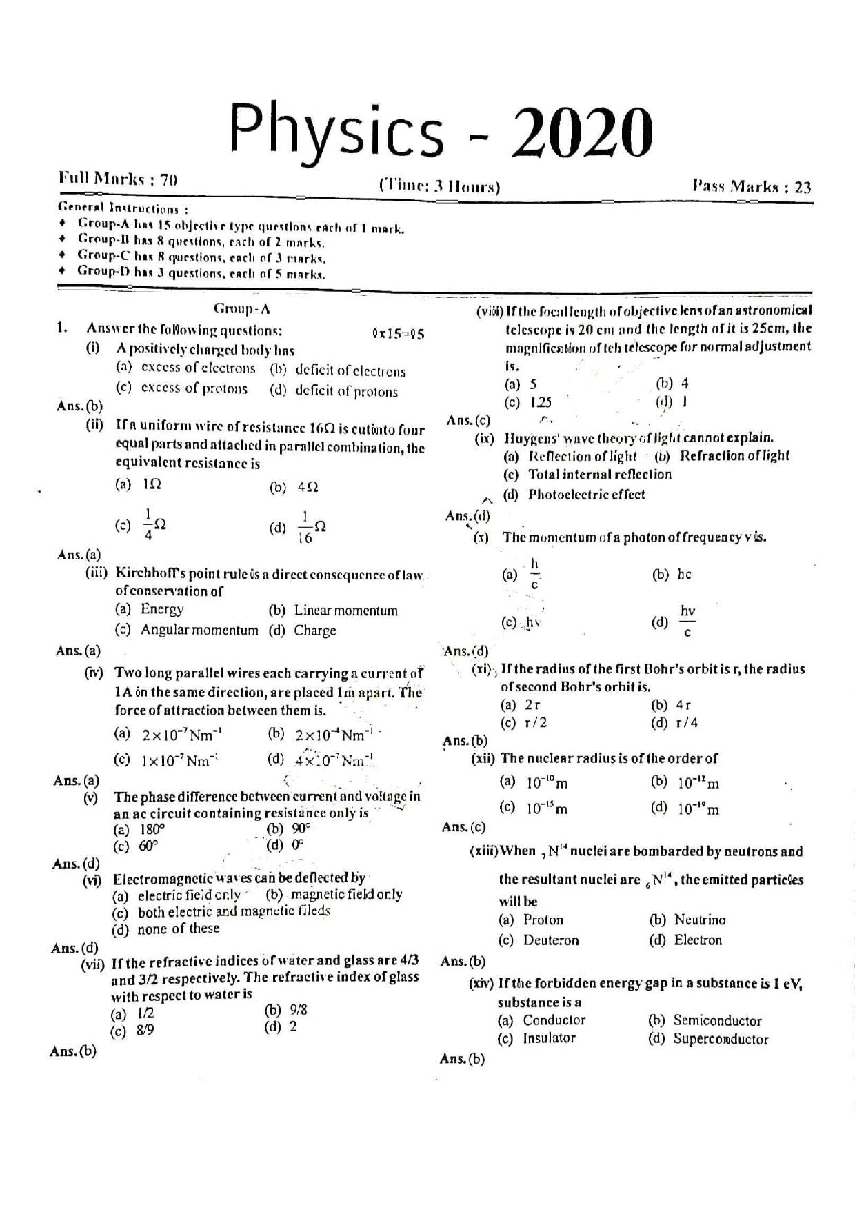 JAC Class 12 2020 Physics Question Paper - Page 1