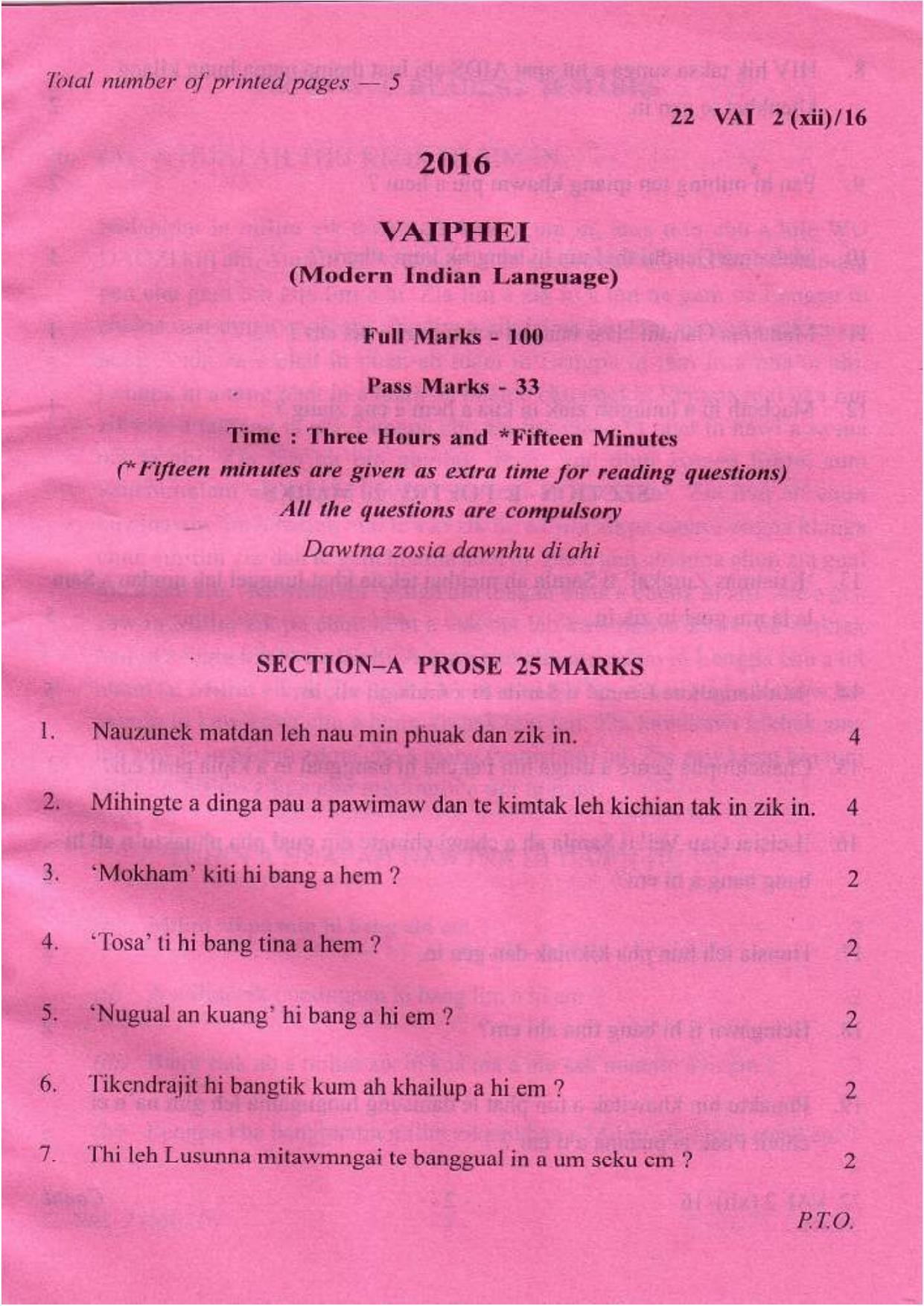 COHSEM Class 12 Vaiphei (M.I.L.) 2016 Question Papers - Page 1