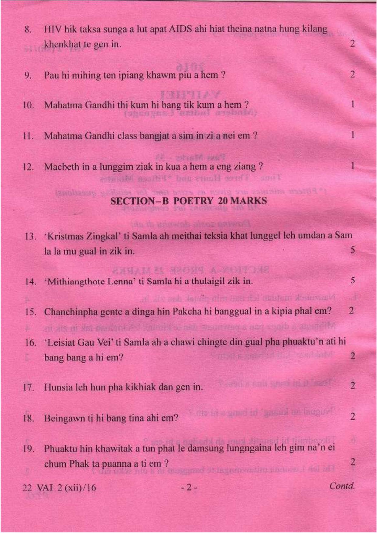 COHSEM Class 12 Vaiphei (M.I.L.) 2016 Question Papers - Page 2