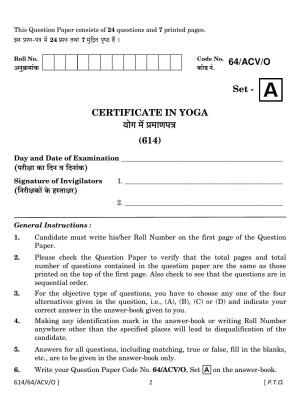 NIOS October 2022 Class 10 Certificate In Yoga Question Paper