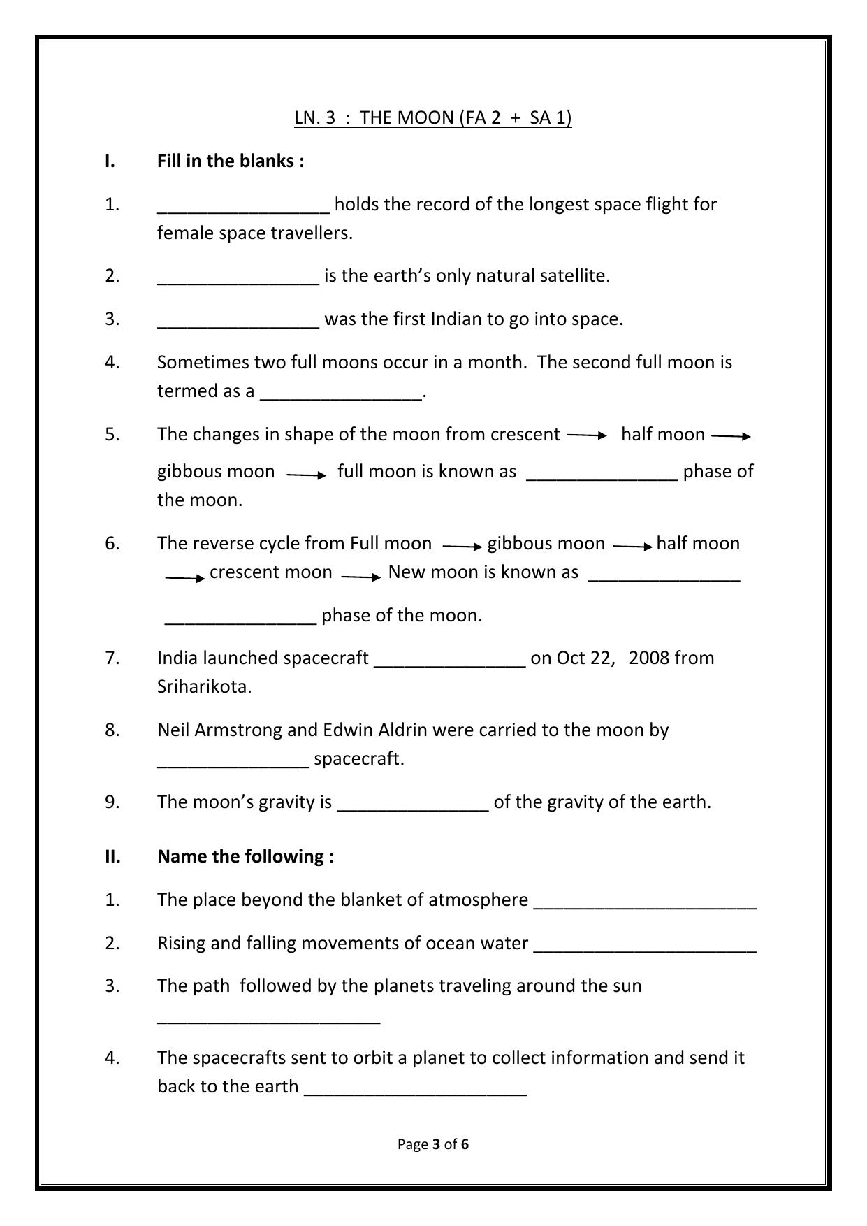 Worksheet for Class 5 Science The Moon Assignment 2 - Page 1
