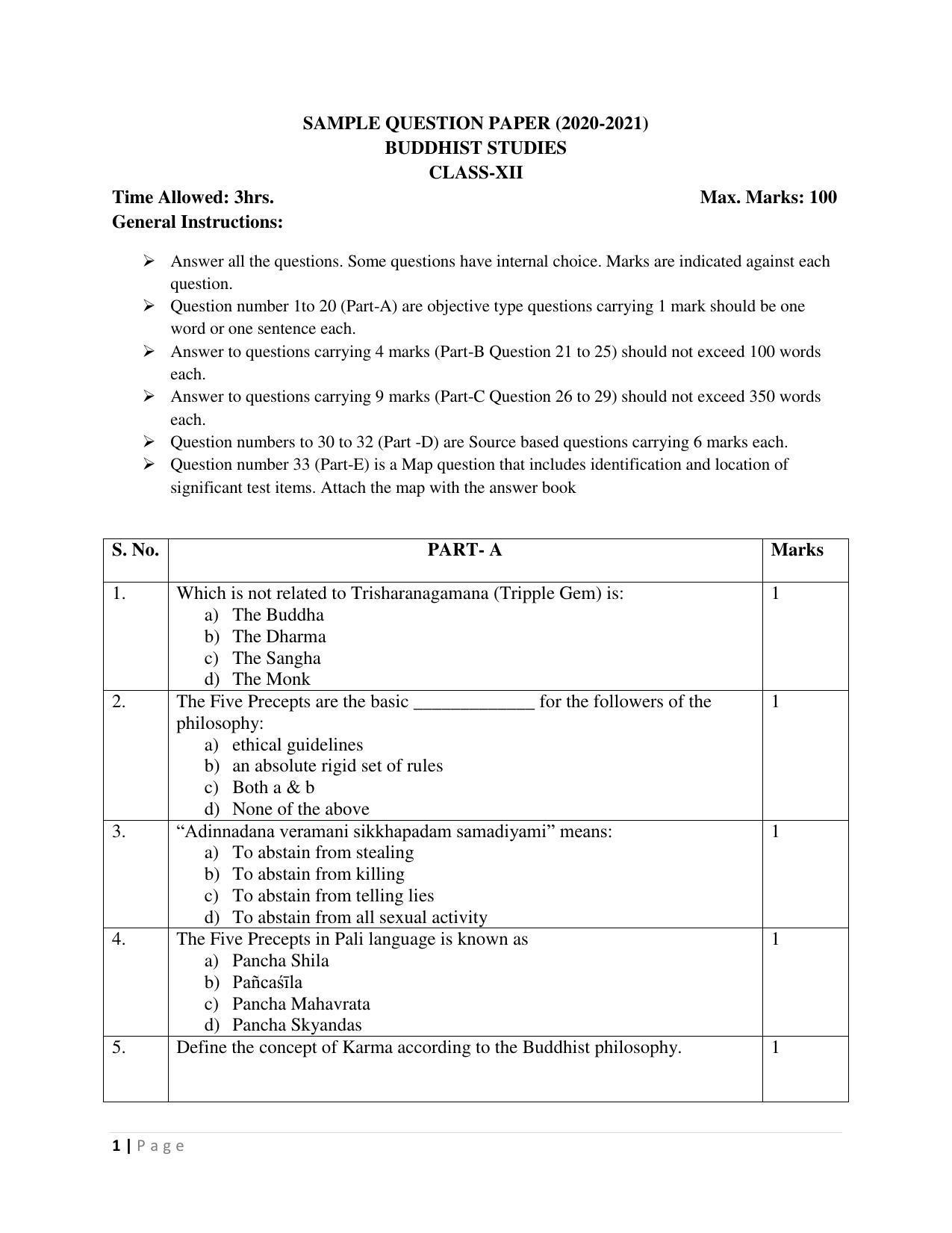 JKBOSE Class 12 Buddhist Studies Model Question Paper 2023 - Page 1