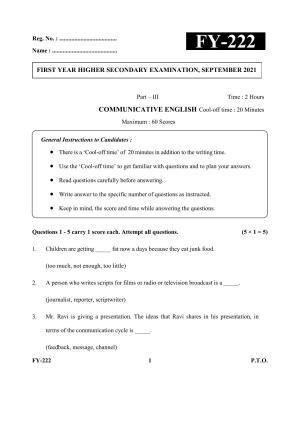 Kerala Plus One (Class 11th) English Literature Question Paper 2021