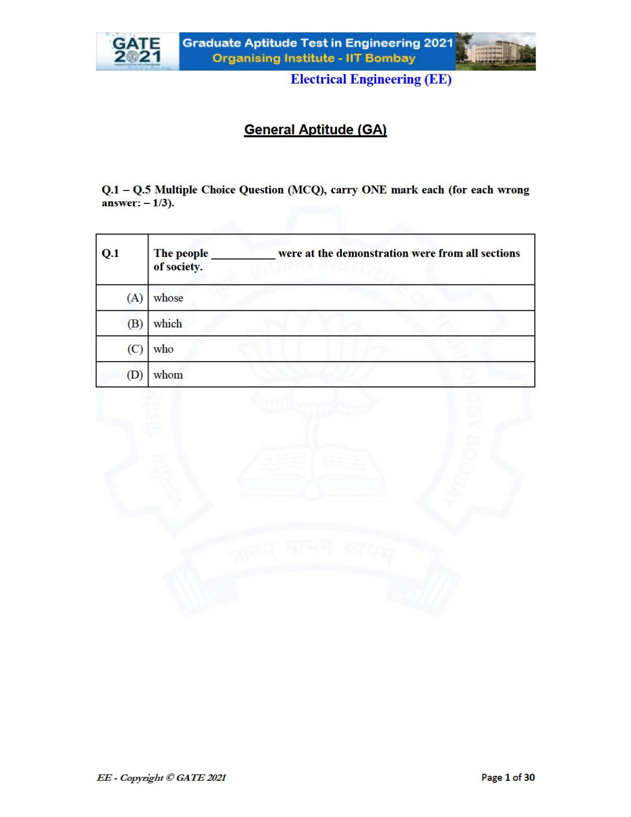 GATE 2021 Electrical Engineering	(EE) Question Paper - Page 1