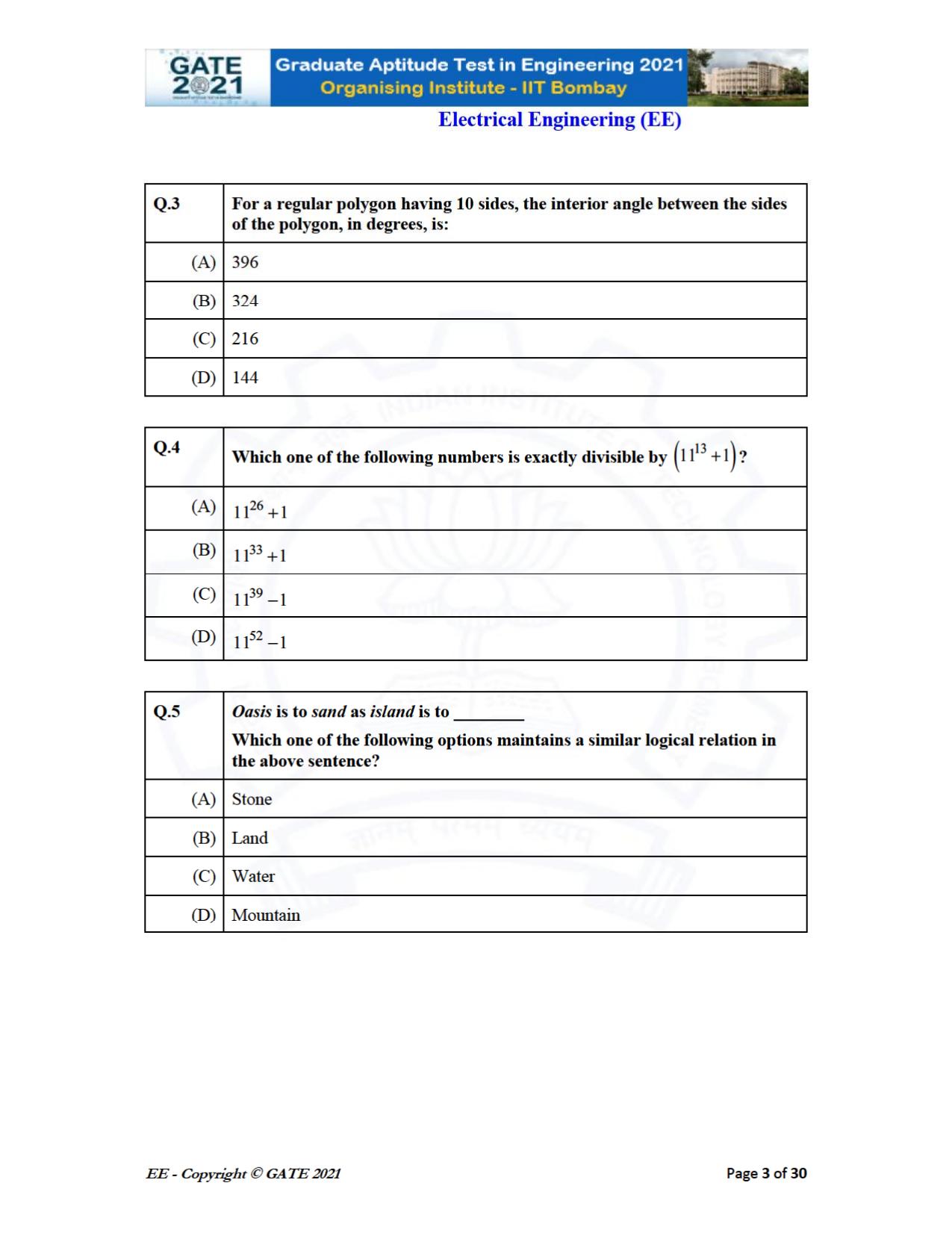 GATE 2021 Electrical Engineering	(EE) Question Paper - Page 3