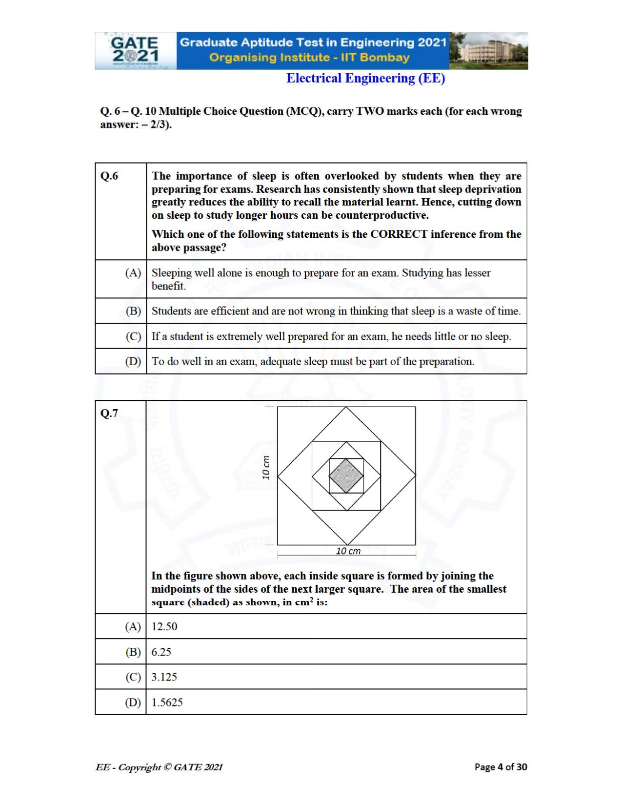 GATE 2021 Electrical Engineering	(EE) Question Paper - Page 4