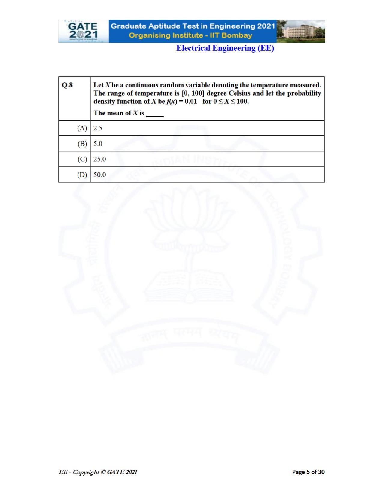 GATE 2021 Electrical Engineering	(EE) Question Paper - Page 5