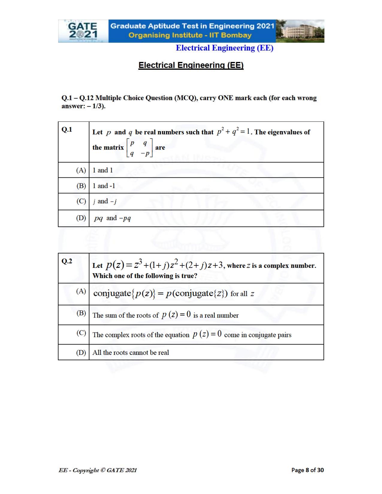 GATE 2021 Electrical Engineering	(EE) Question Paper - Page 8