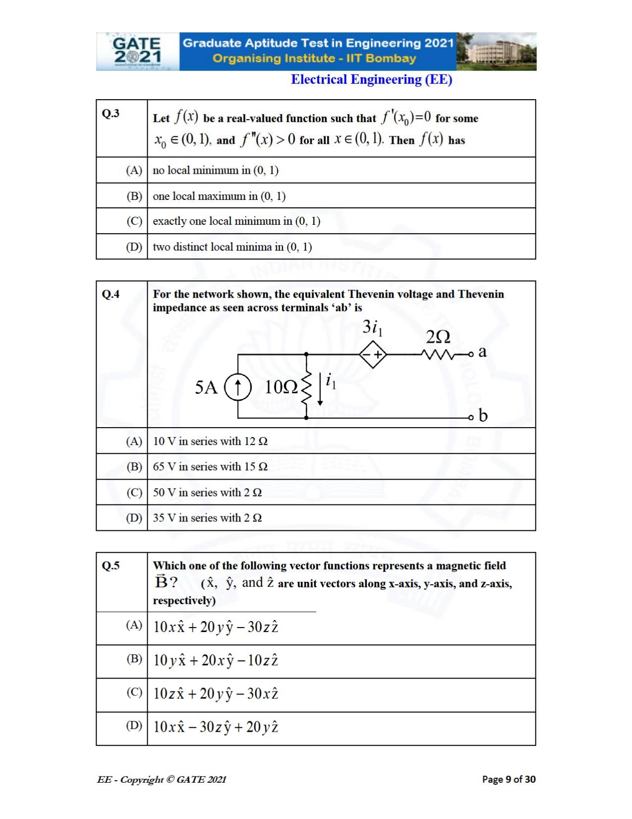 GATE 2021 Electrical Engineering	(EE) Question Paper - Page 9