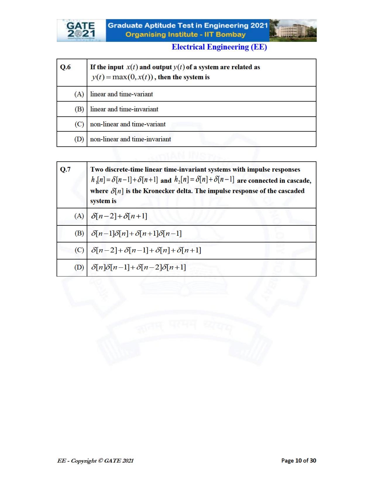 GATE 2021 Electrical Engineering	(EE) Question Paper - Page 10