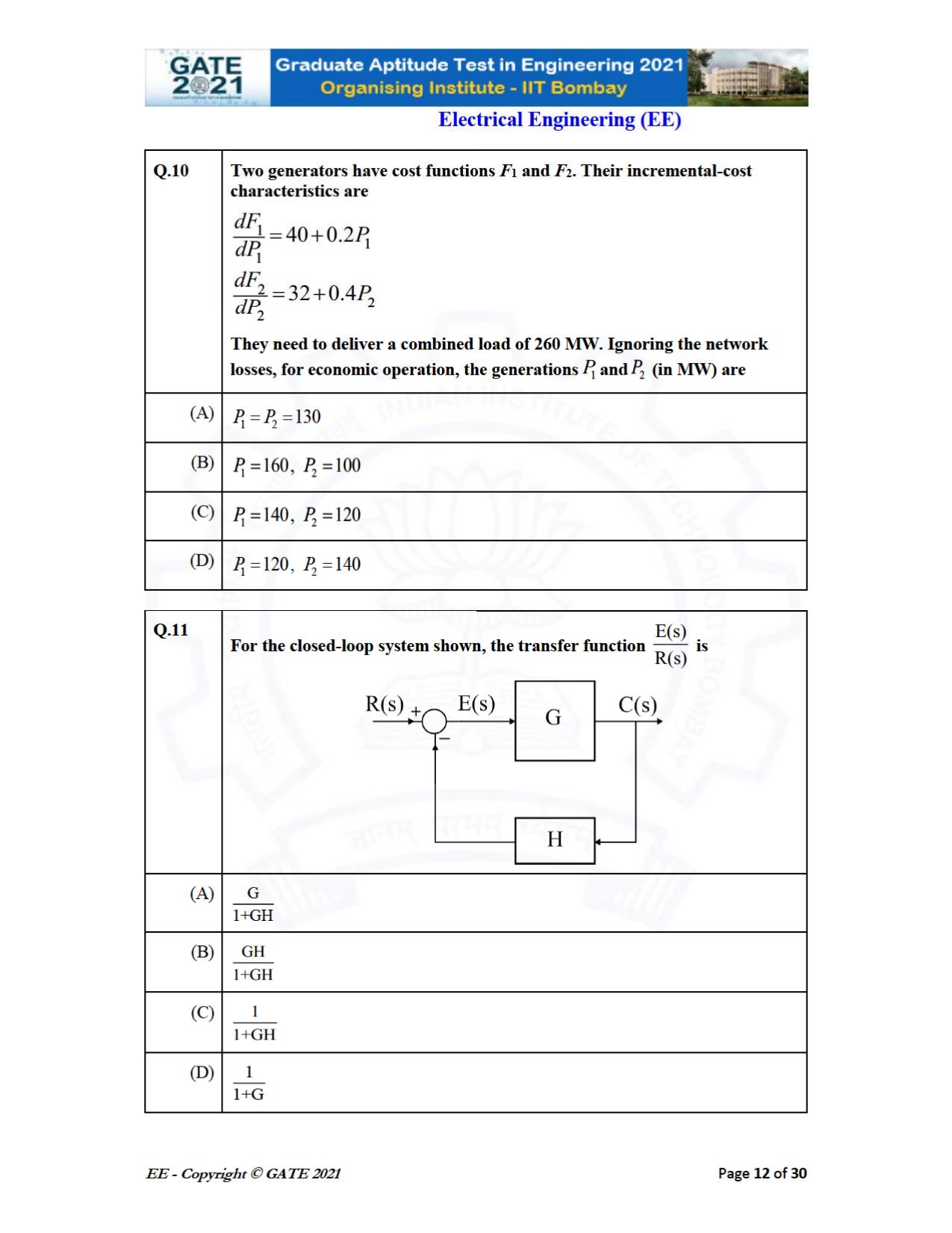 GATE 2021 Electrical Engineering	(EE) Question Paper - Page 12