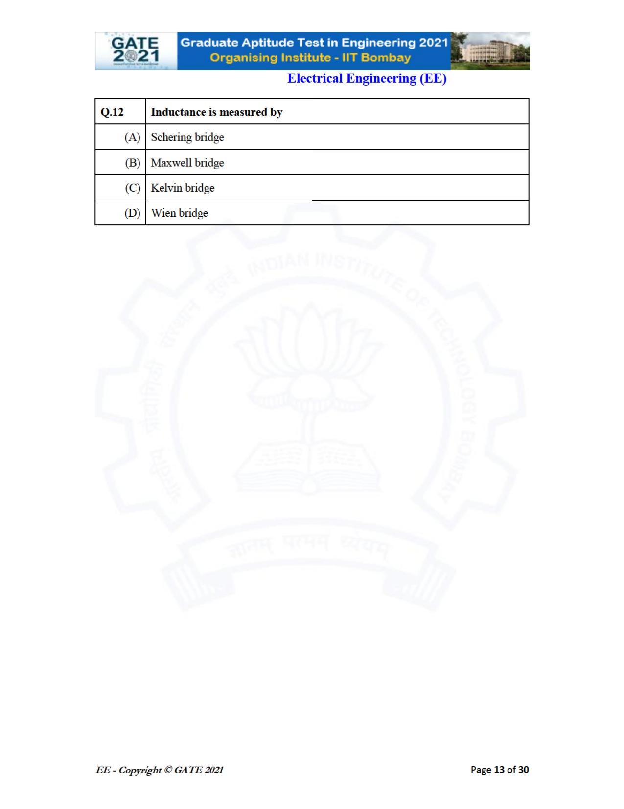 GATE 2021 Electrical Engineering	(EE) Question Paper - Page 13