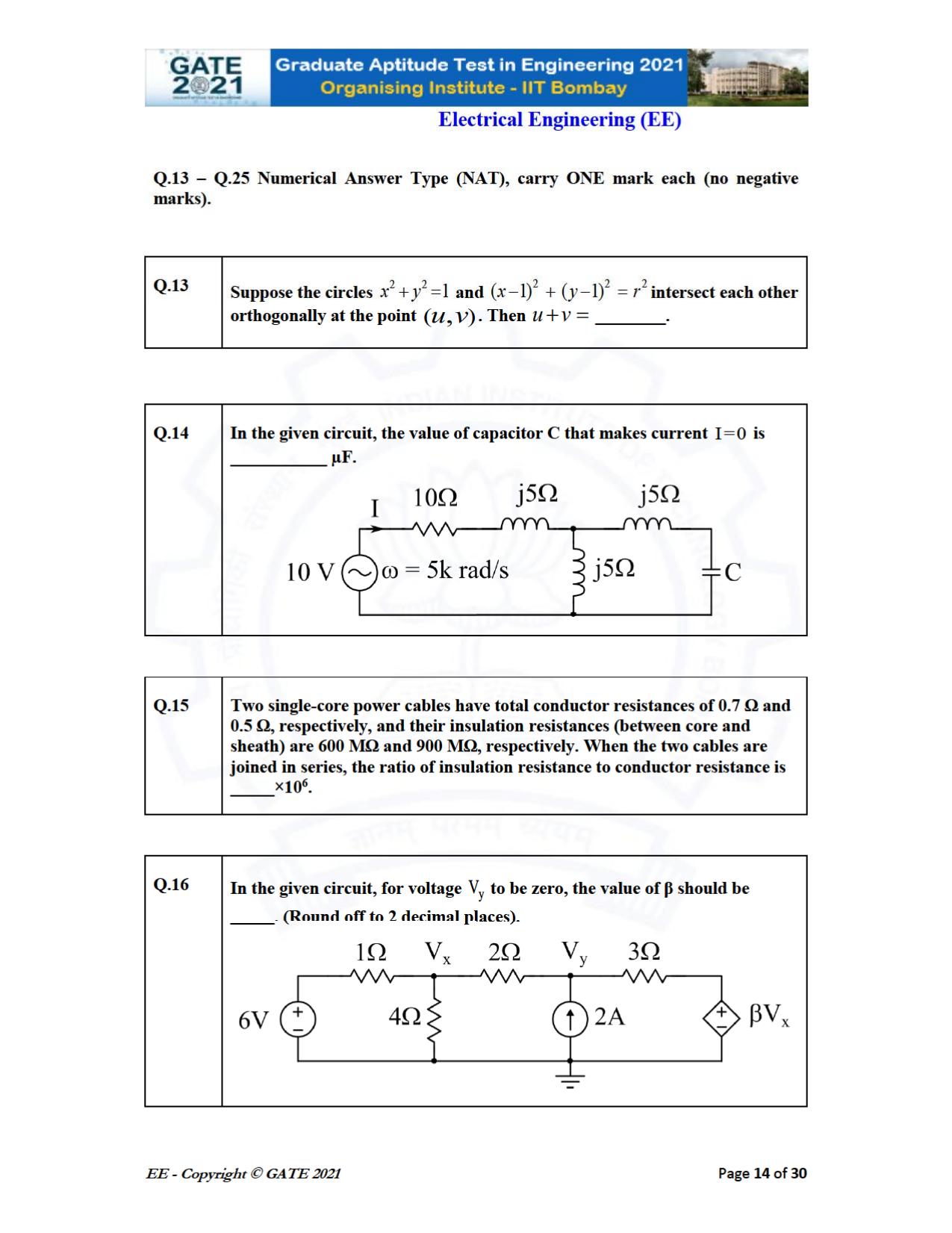 GATE 2021 Electrical Engineering	(EE) Question Paper - Page 14