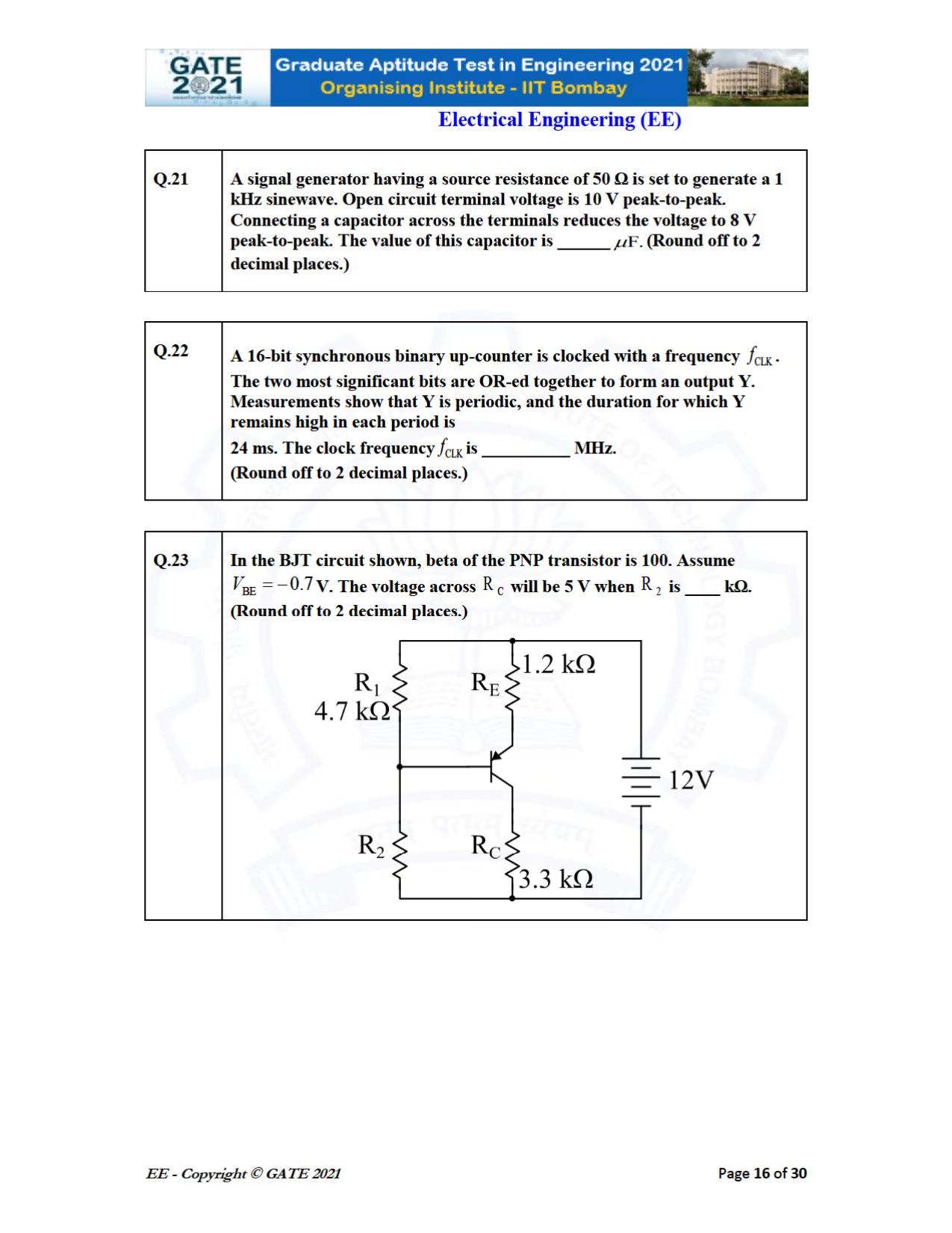 GATE 2021 Electrical Engineering	(EE) Question Paper - Page 16