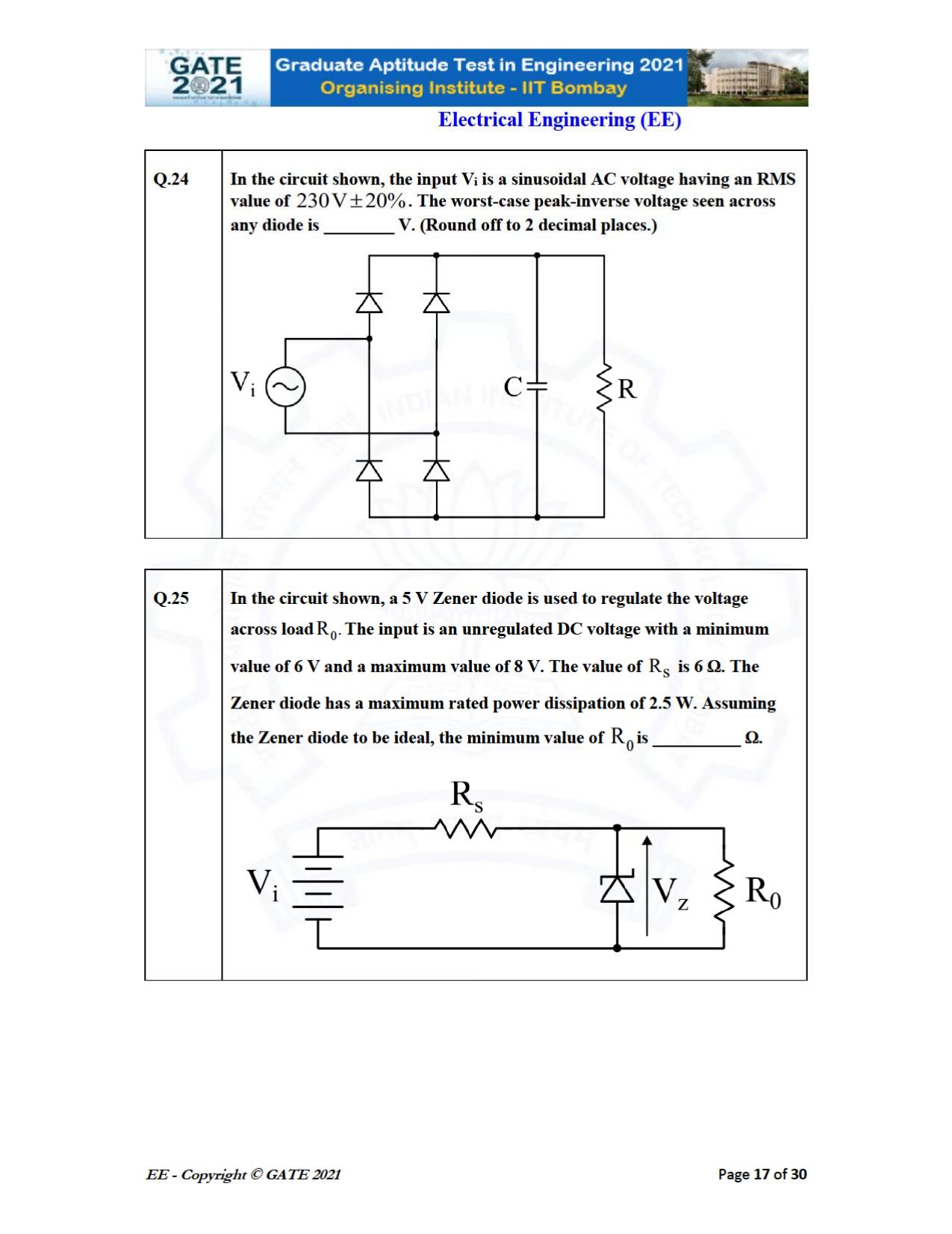 GATE 2021 Electrical Engineering	(EE) Question Paper - Page 17