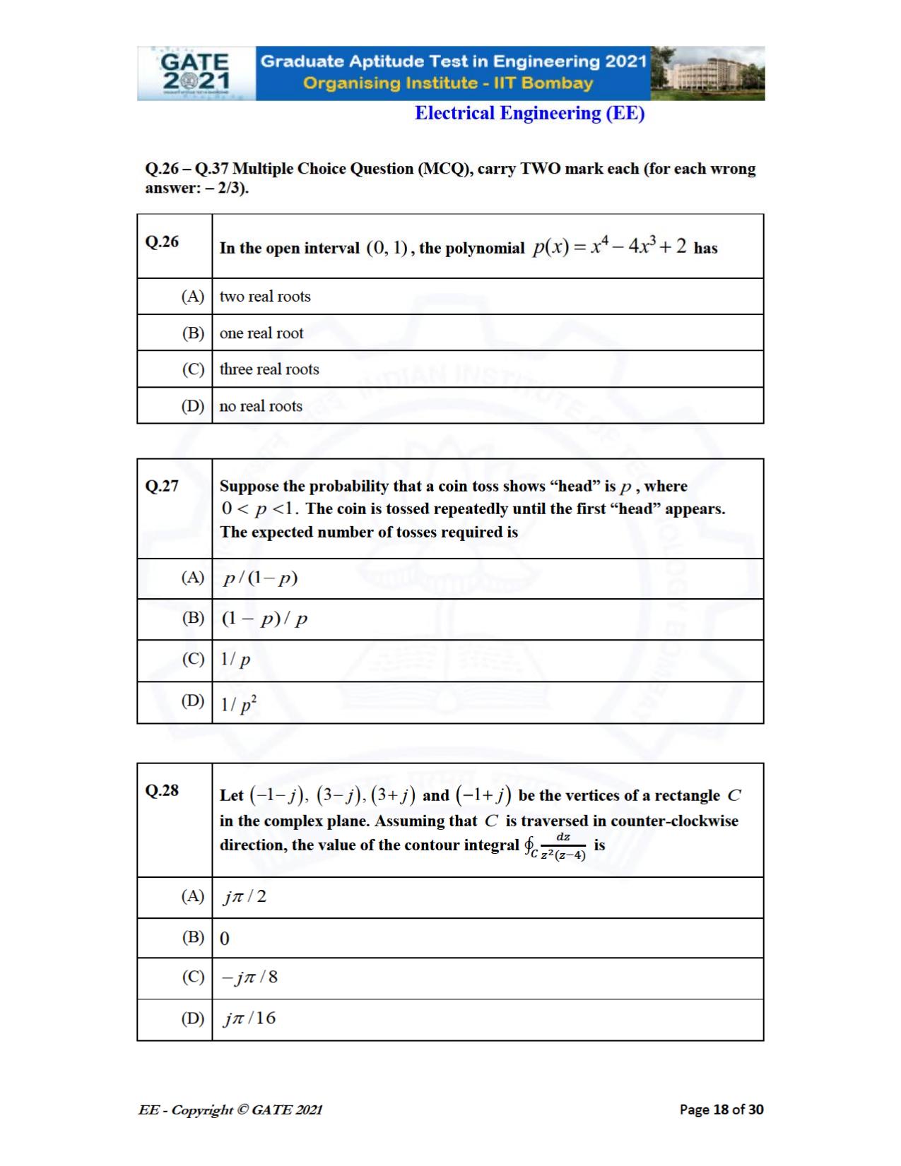 GATE 2021 Electrical Engineering	(EE) Question Paper - Page 18