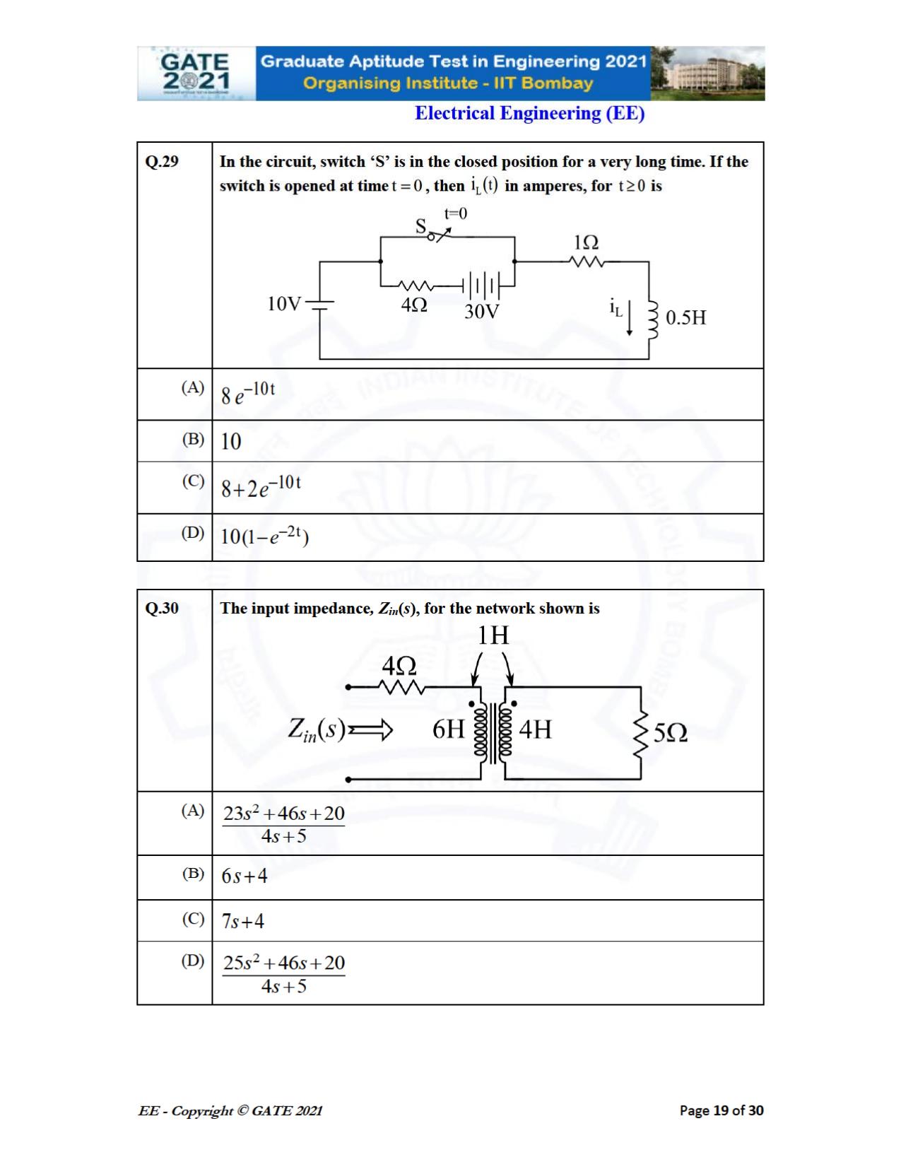GATE 2021 Electrical Engineering	(EE) Question Paper - Page 19