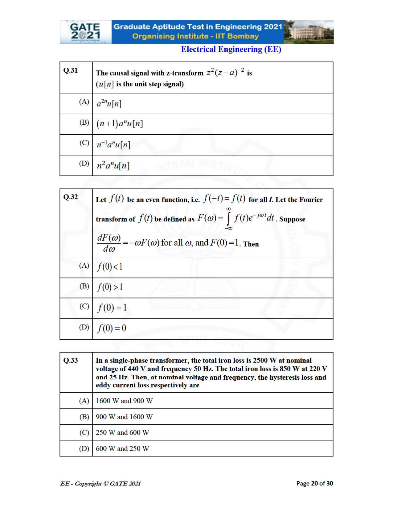 GATE 2021 Electrical Engineering	(EE) Question Paper - Page 20