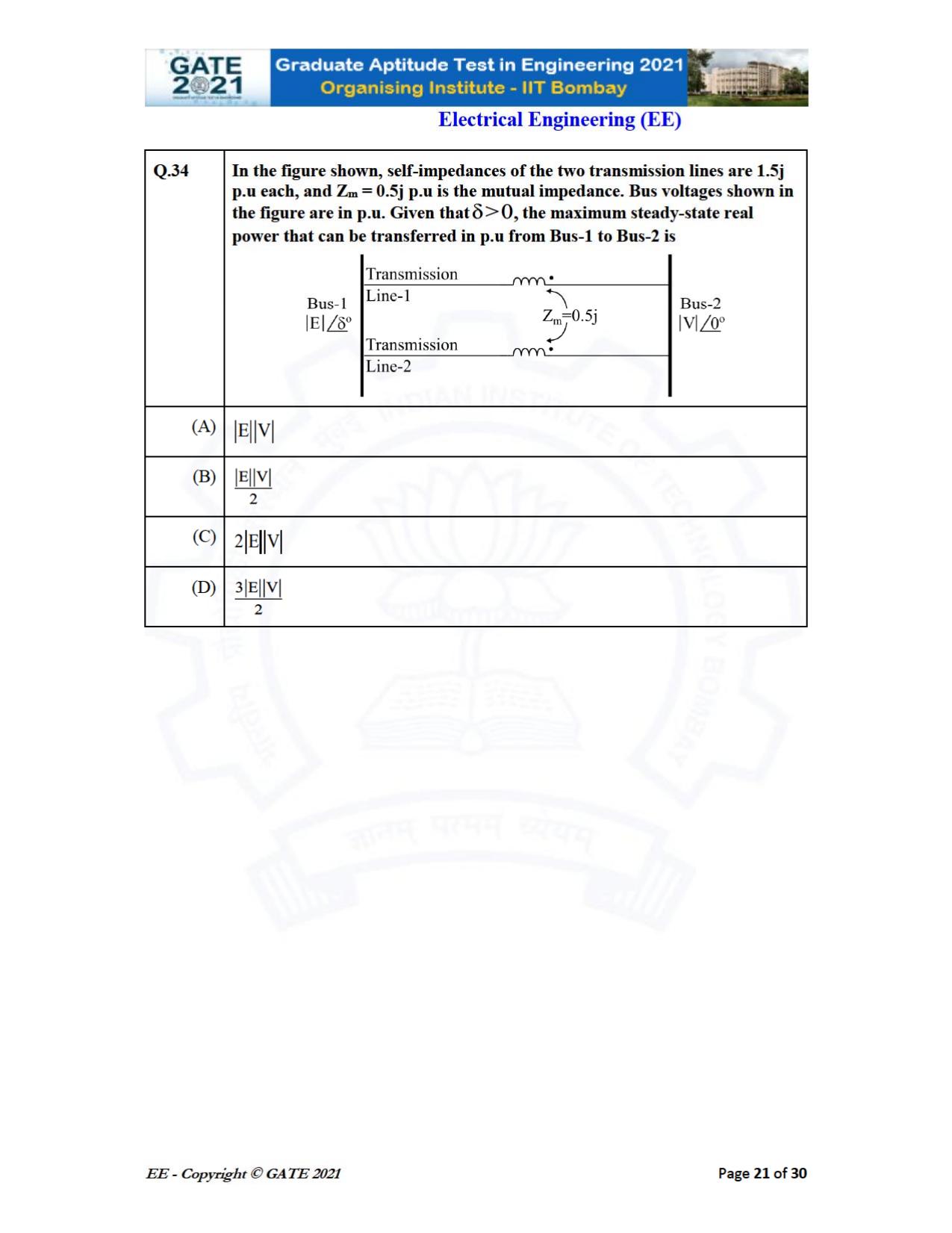 GATE 2021 Electrical Engineering	(EE) Question Paper - Page 21