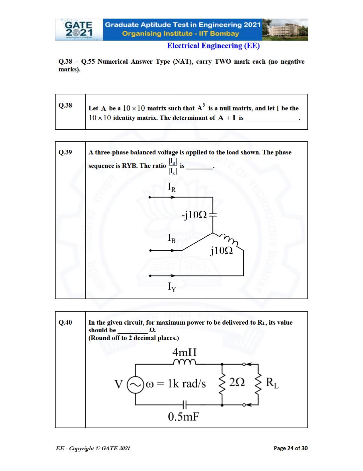 GATE 2021 Electrical Engineering	(EE) Question Paper - Page 24