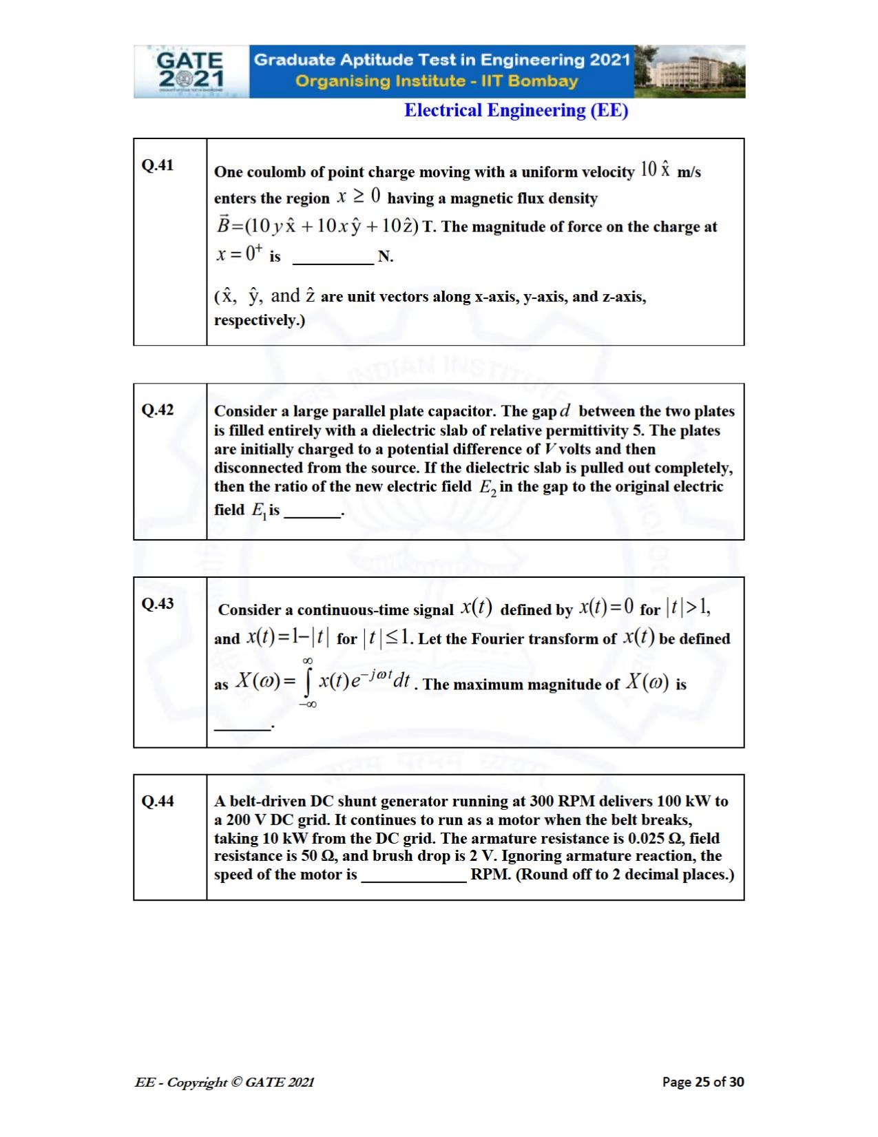 GATE 2021 Electrical Engineering	(EE) Question Paper - Page 25