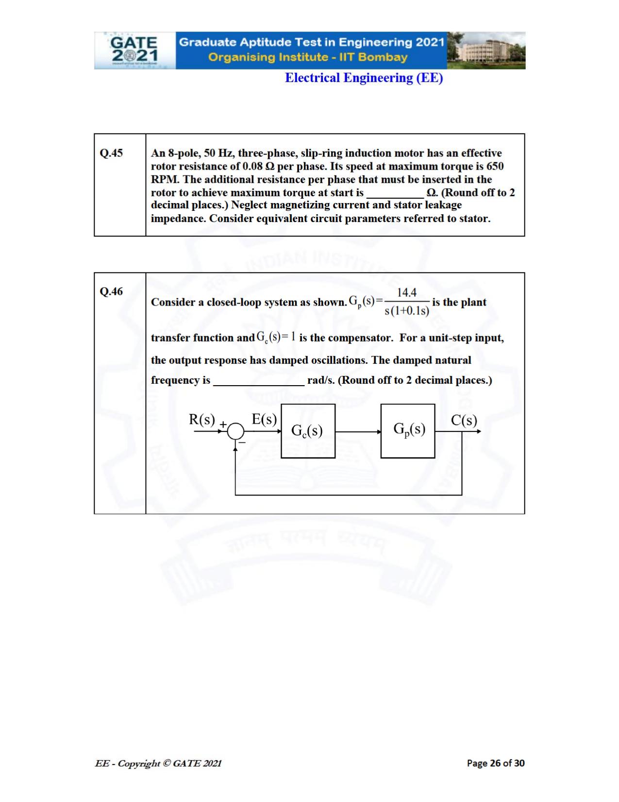 GATE 2021 Electrical Engineering	(EE) Question Paper - Page 26