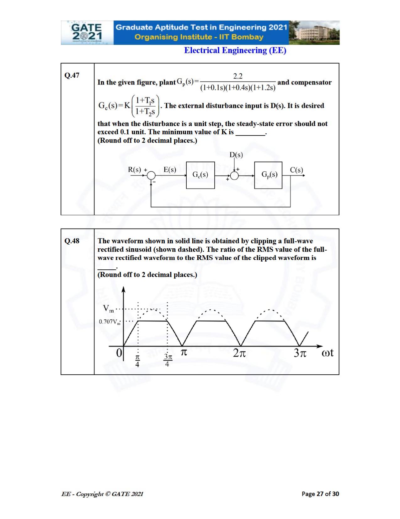GATE 2021 Electrical Engineering	(EE) Question Paper - Page 27