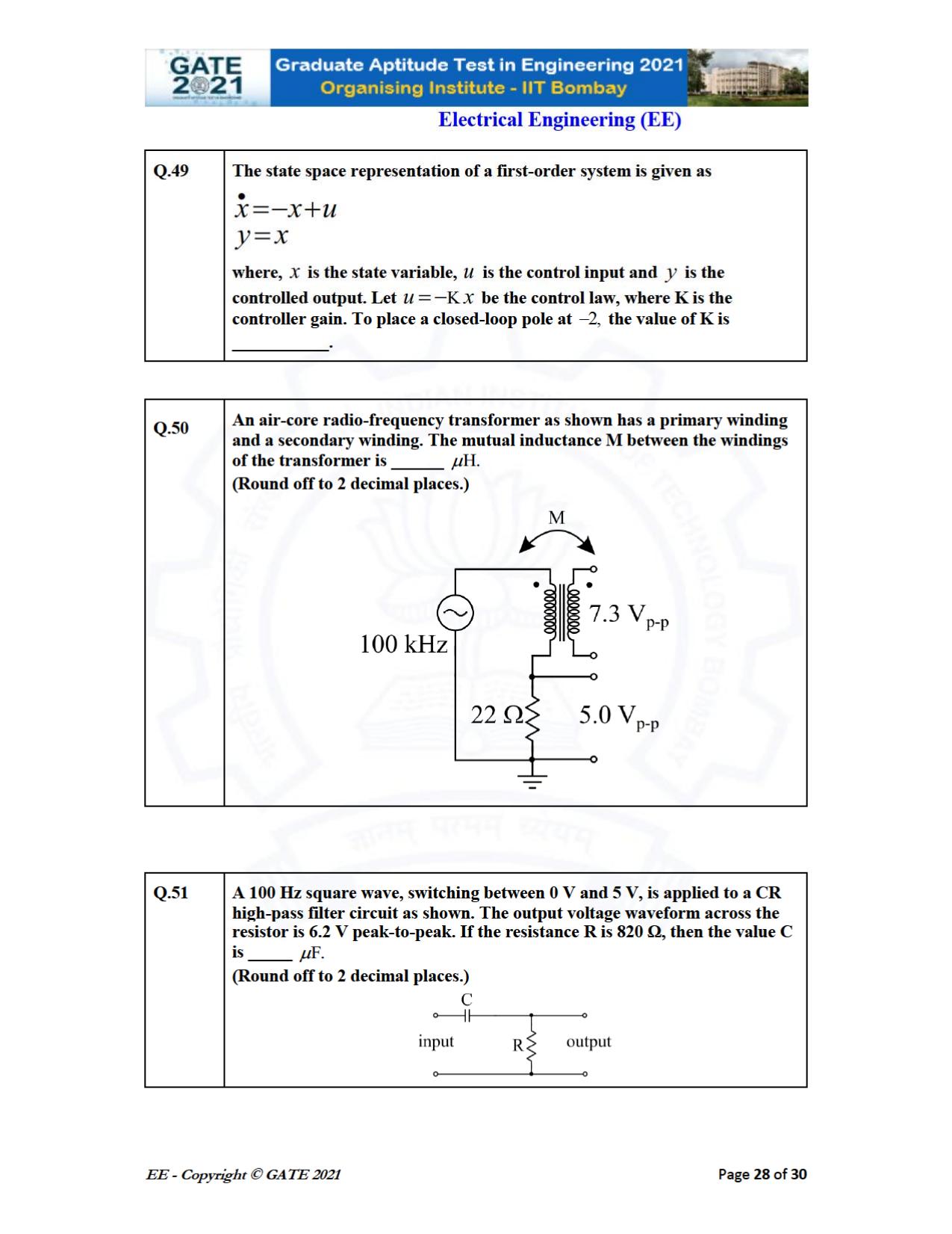 GATE 2021 Electrical Engineering	(EE) Question Paper - Page 28