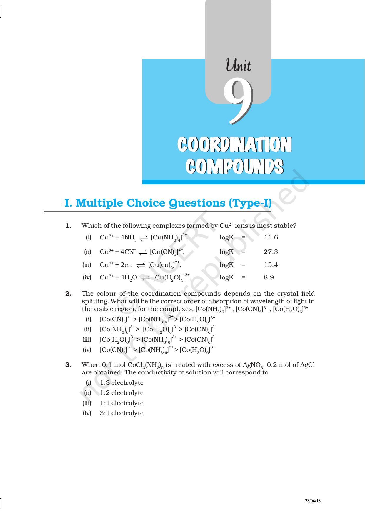 NCERT Exemplar Book for Class 12 Chemistry: Chapter 9 Coordination Compounds - Page 1