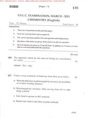 Kerala SSLC 2015 Chemistry Question Paper