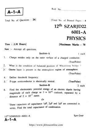 JKBOSE Class 12 Physics 6001-A Question Papers 2022