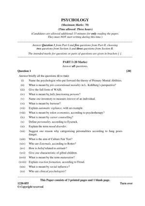 ISC Class 12 2020 Psychology Question Paper