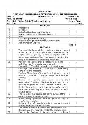 Kerala Plus One (Class 11th) Geology Answer Key 2021