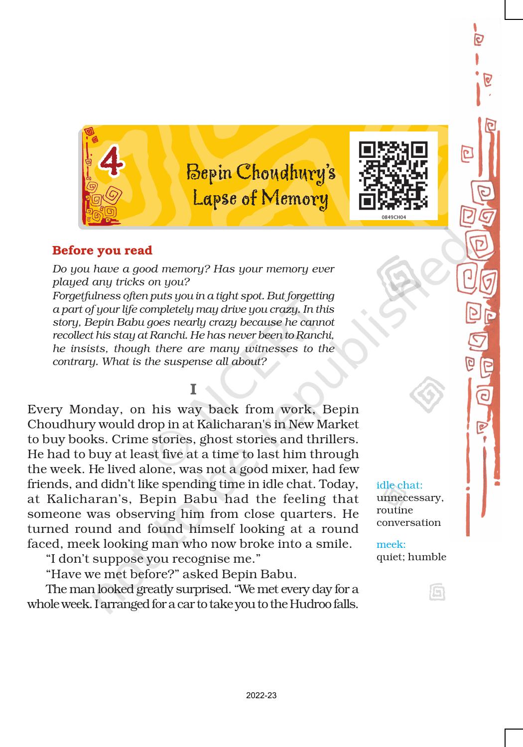 NCERT Book for Class 8 English Chapter 4 Bepin Choudhury’s Lapse of Memory - Page 1