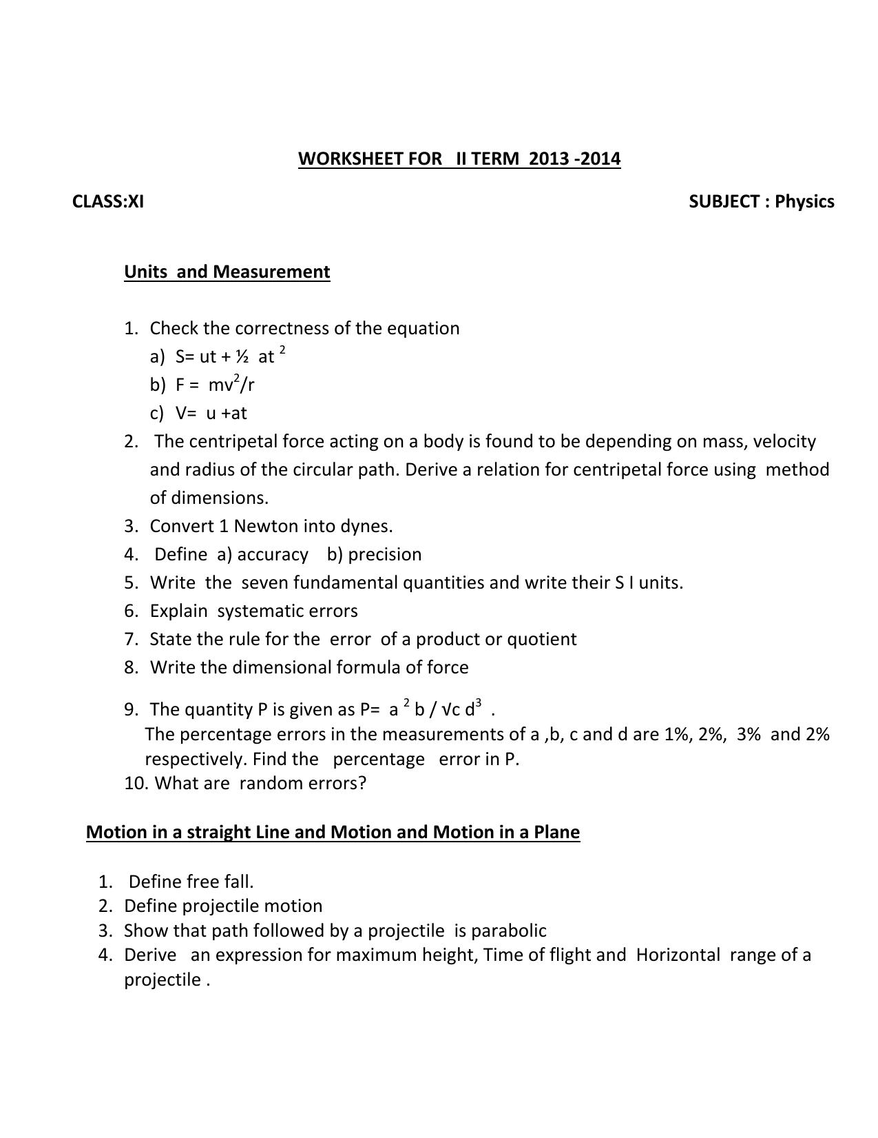 CBSE Worksheets for Class 11 Physics Assignment 1 - Page 1