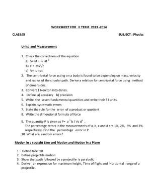 CBSE Worksheets for Class 11 Physics Assignment 1