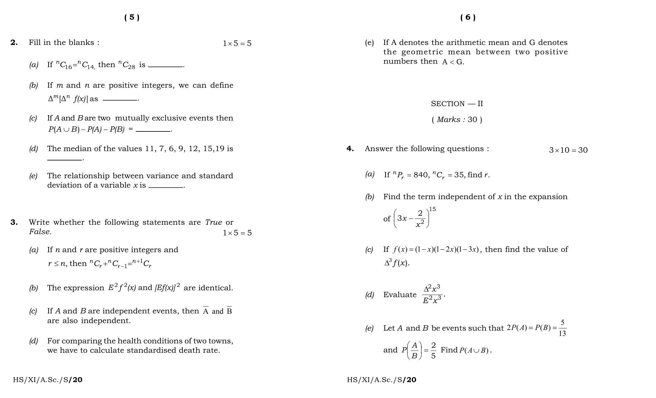 Meghalaya Board (MBOSE) Class 11 Statistics 2020 Question Paper - Page 3